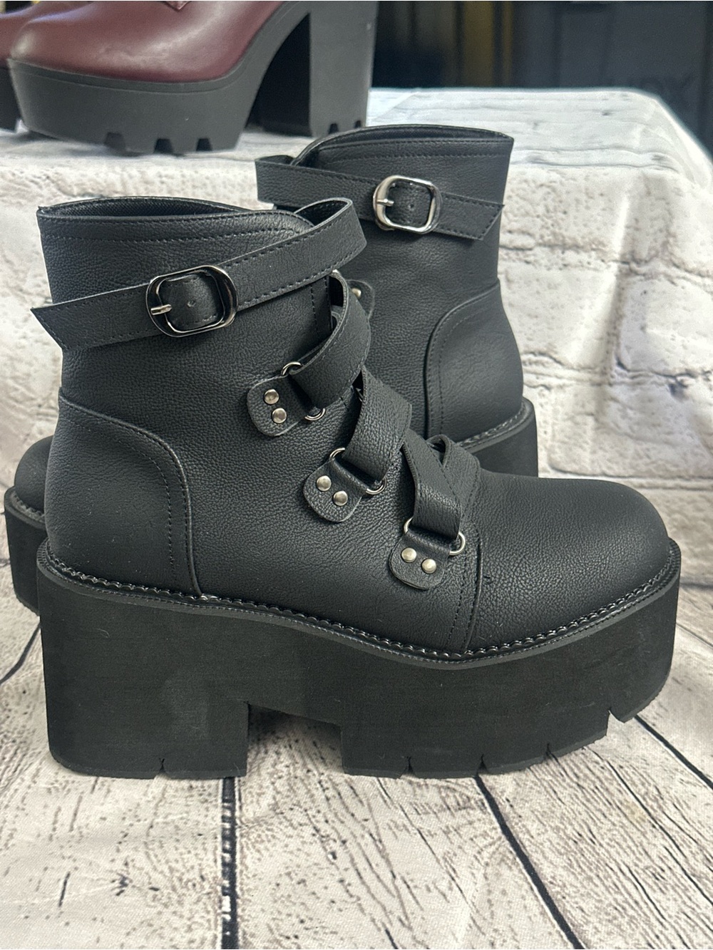 Women's Black Platform Ankle Boots with Buckle Straps